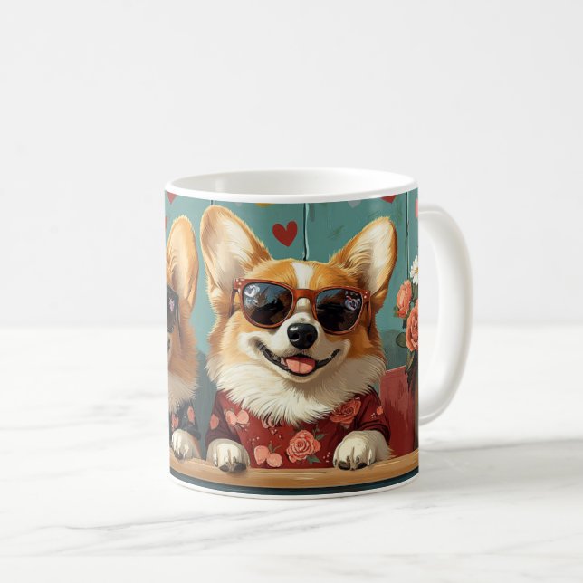 Corgi With Heart Roses Valentine's Day Coffee Mug (Front Right)