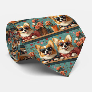 Corgi With Heart Roses Valentine's Day Neck Tie
