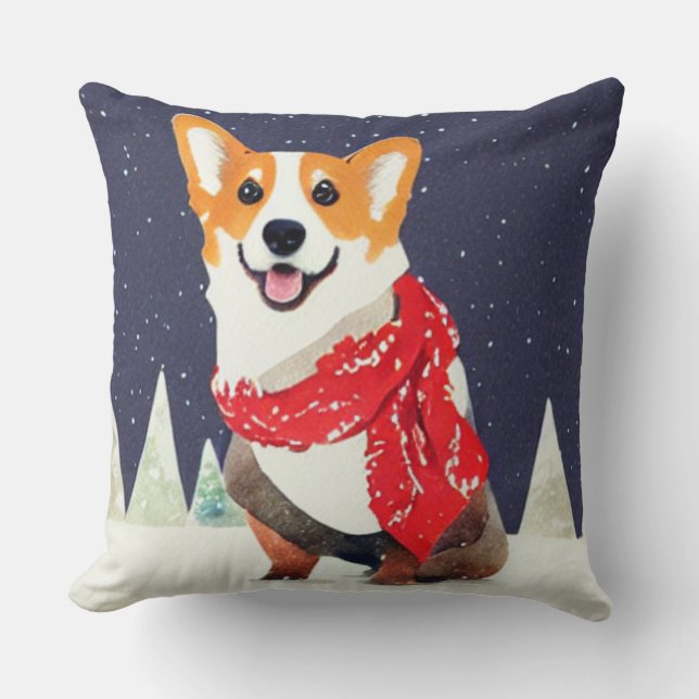 Corgi with Red-White Christmas Scarf Throw Pillow (Front)