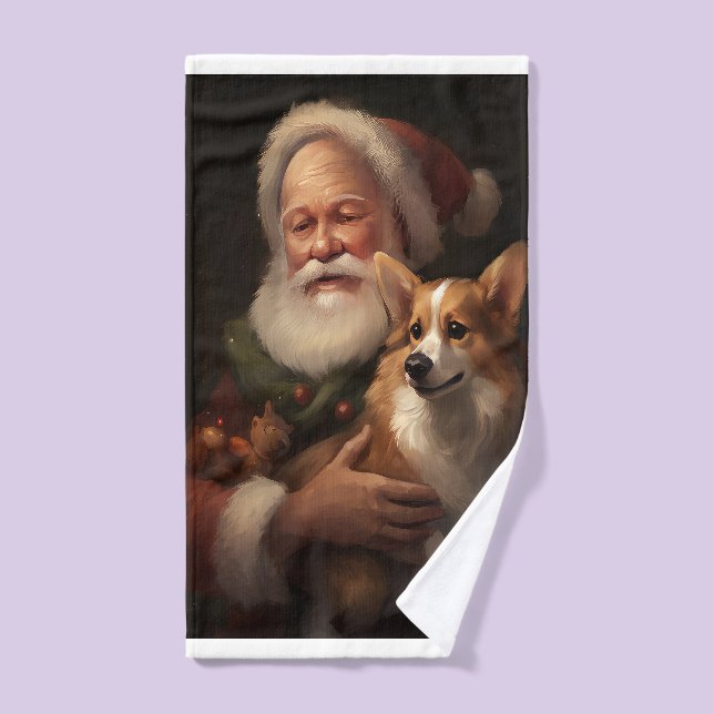 Corgi With Santa Claus Festive Christmas Bath Towel Set (Hand Towel)