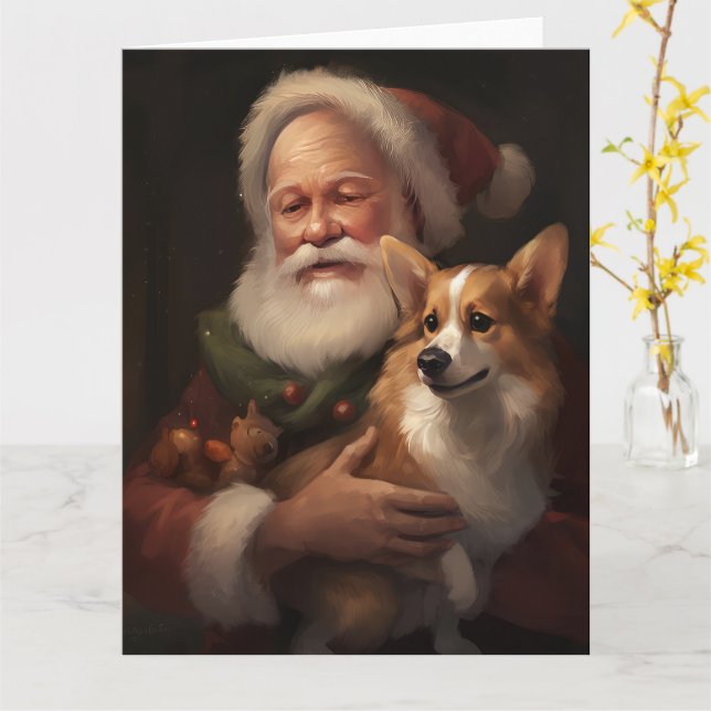 Corgi With Santa Claus Festive Christmas Card (Yellow Flower)