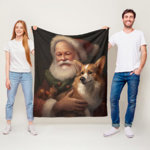 Corgi With Santa Claus Festive Christmas Fleece Blanket