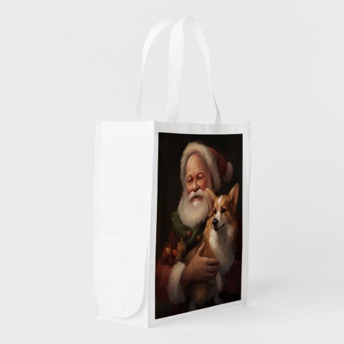 Corgi With Santa Claus Festive Christmas Grocery Bag