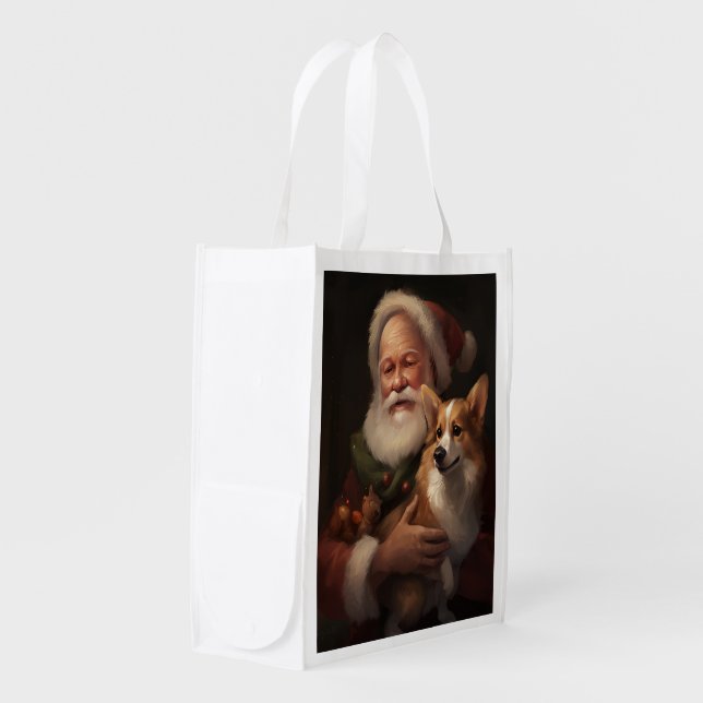 Corgi With Santa Claus Festive Christmas Grocery Bag (Front Side)