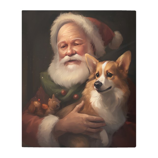 Corgi With Santa Claus Festive Christmas Metal Print (Front)