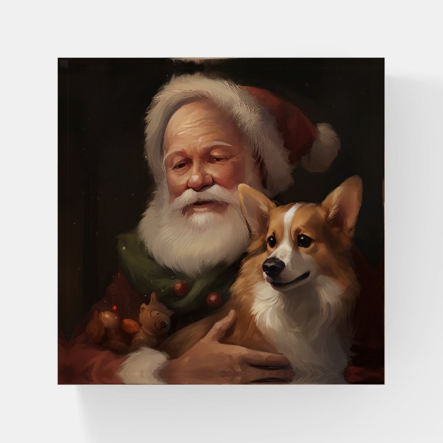 Corgi With Santa Claus Festive Christmas Paperweight (Front)