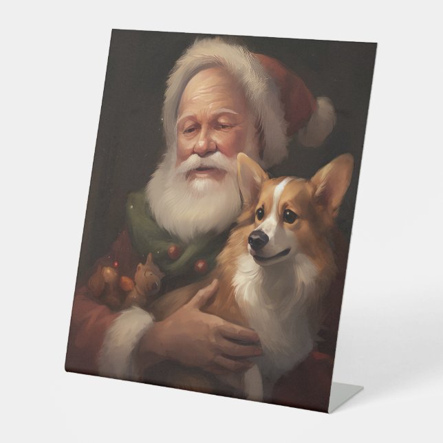 Corgi With Santa Claus Festive Christmas Pedestal Sign (Front)