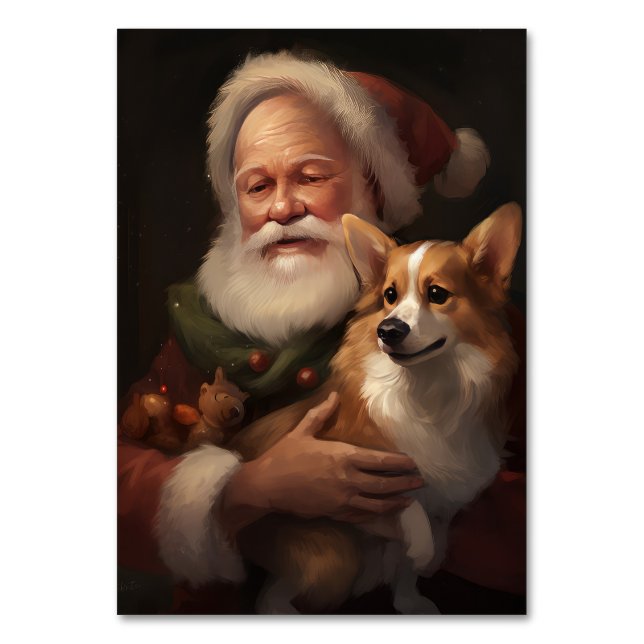 Corgi With Santa Claus Festive Christmas Table Number (Front)