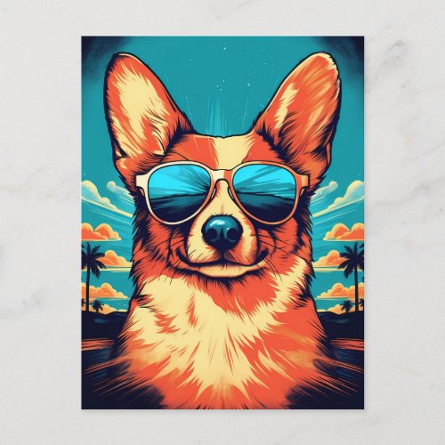 Corgi with sunglasses at a tropical beach postcard