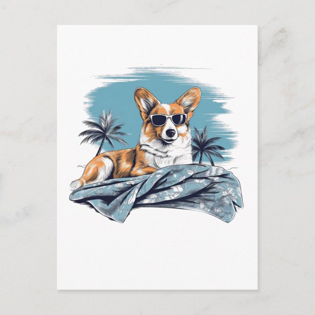Corgi with sunglasses at the beach postcard (Front)