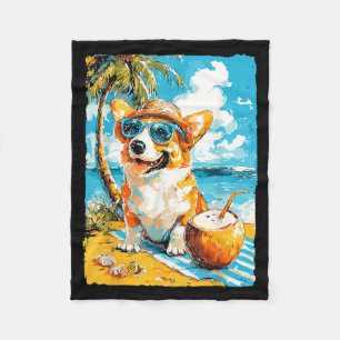 Corgi With Sungles Coco Tropical Dog Summer Fleece Blanket