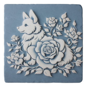 Corgi with white rose 3D design Trivet