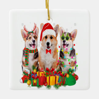Corgi Xmas Lights Santa Hat Dog Lover Ceramic Ornament