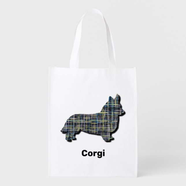 Corgi Yellow & Black Grid Line Grocery Bag (Front)