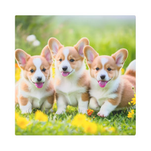 Corgies playing in the grass metal print
