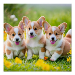 Corgies playing in the grass poster