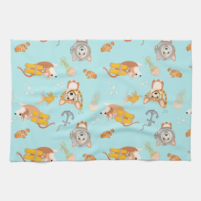 Corgis Are Diving In Ocean Pattern Kitchen Towel (Horizontal)