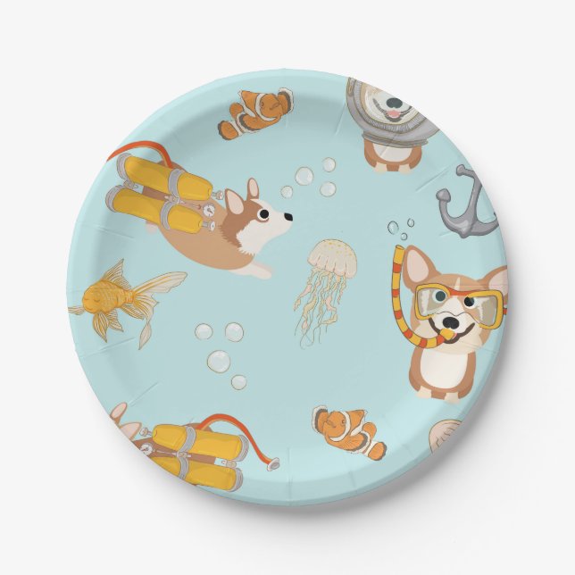 Corgis Are Diving In Ocean Pattern Paper Plates (Front)
