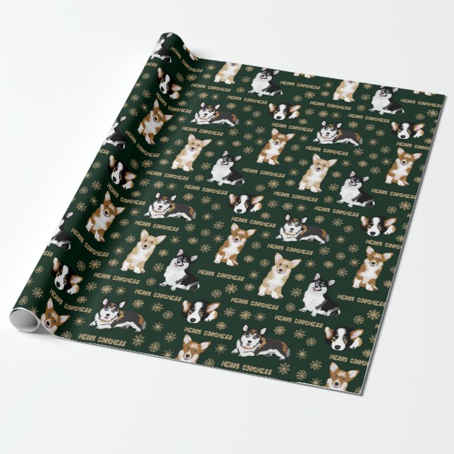 Corgis celebrate christmas- green pattern wrapping paper (Unrolled)