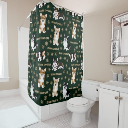Corgis celebrate christmas_ green pattern wrapping shower curtain