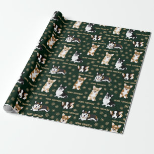 Corgis celebrate christmas- green pattern wrapping wrapping paper