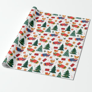 Corgis celebrate christmas- white pattern wrapping paper