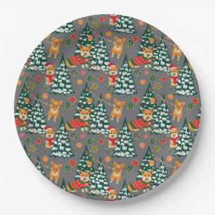 Corgis decorate the Christmas Tree - Gray Pattern Paper Plates