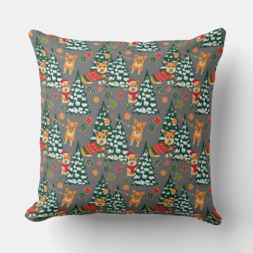 Corgis decorate the Christmas Tree _ Gray Pattern Throw Pillow