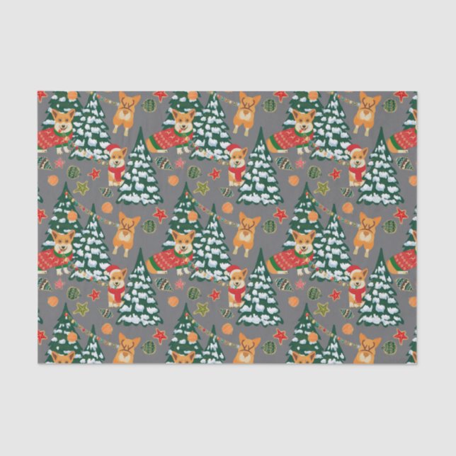Corgis decorate the Christmas Tree - Gray Pattern Tissue Paper (Front)