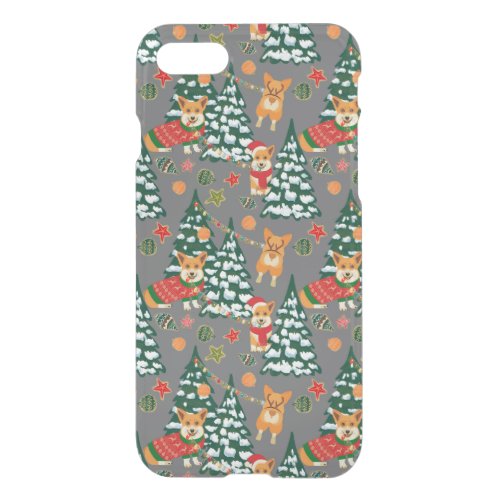 Corgis decorate the Christmas Tree _ Gray Pattern iPhone SE87 Case
