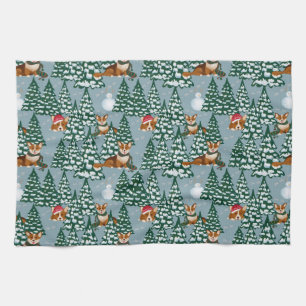 Corgis decorate the Christmas Tree in Forest Blue Kitchen Towel
