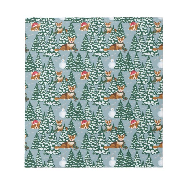 Corgis decorate the Christmas Tree in Forest Blue Notepad (Front)