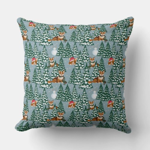 Corgis decorate the Christmas Tree in Forest Blue Throw Pillow