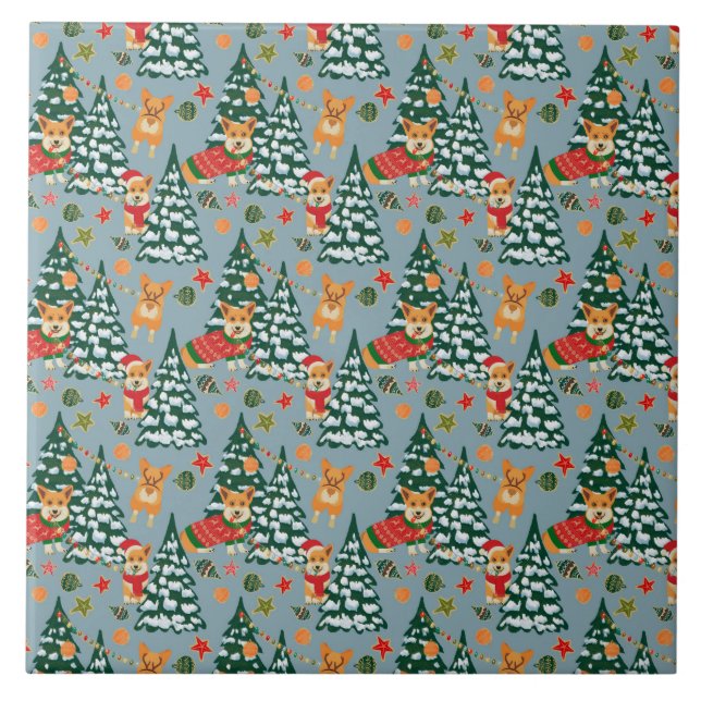Corgis decorate the Christmas Tree in Forest Ceramic Tile (Front)