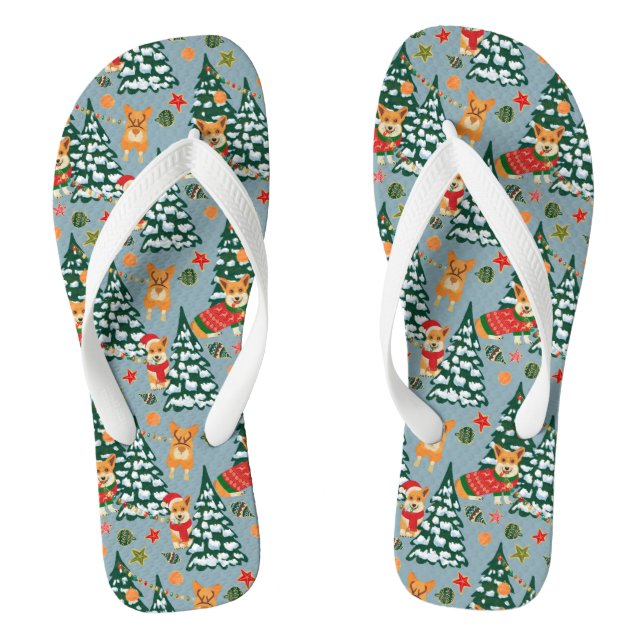 Corgis decorate the Christmas Tree in Forest Flip Flops (Footbed)