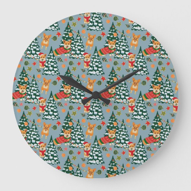 Corgis decorate the Christmas Tree in Forest Large Clock (Front)