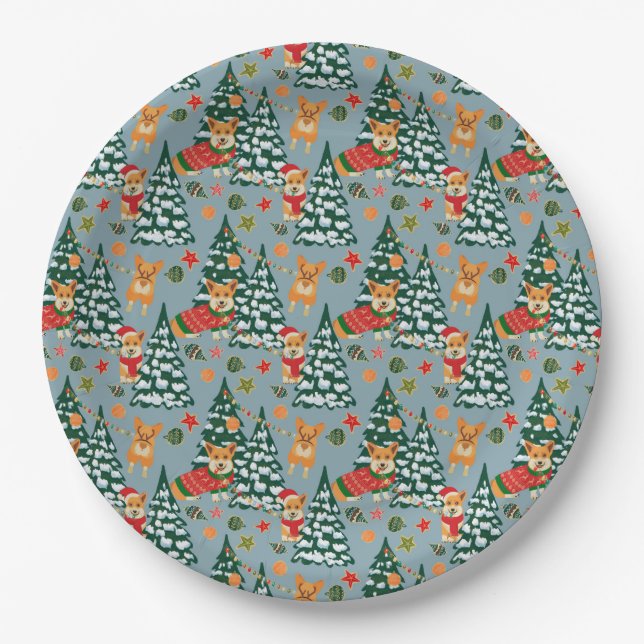 Corgis decorate the Christmas Tree in Forest Paper Plates (Front)