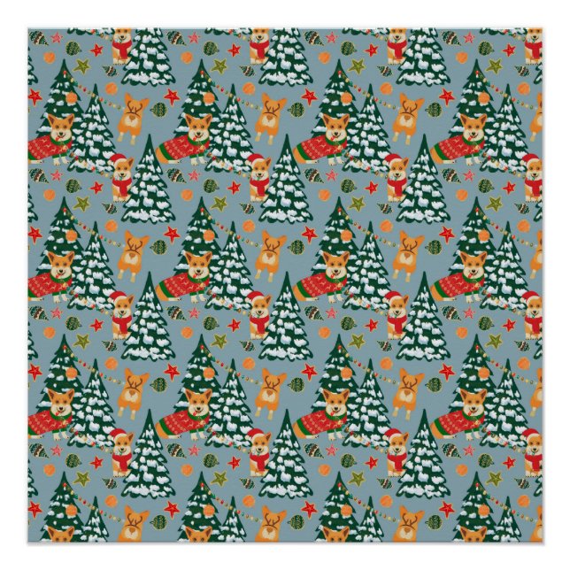 Corgis decorate the Christmas Tree in Forest Poster (Front)