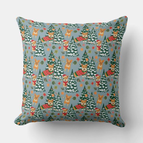 Corgis decorate the Christmas Tree in Forest Throw Pillow