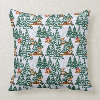 Corgis decorate the Christmas Tree in White Forest Throw Pillow