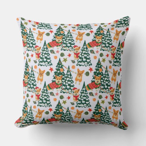 Corgis decorate the Christmas Tree _White Pattern Throw Pillow