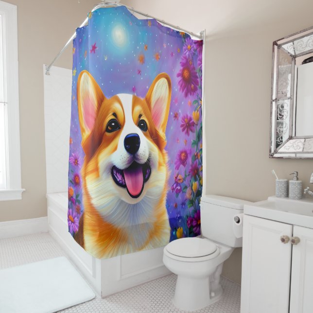 Corgi's Floral World Shower Curtain (In Situ)