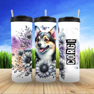 Corgi's Grayscale Floral Delight Thermal Tumbler