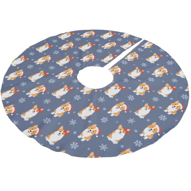 Corgis in Santa Hats and Snowflakes Pattern Brushed Polyester Tree Skirt (Angled)