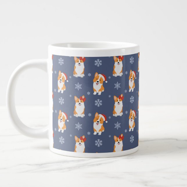 Corgis in Santa Hats and Snowflakes Pattern Giant Coffee Mug (Left)