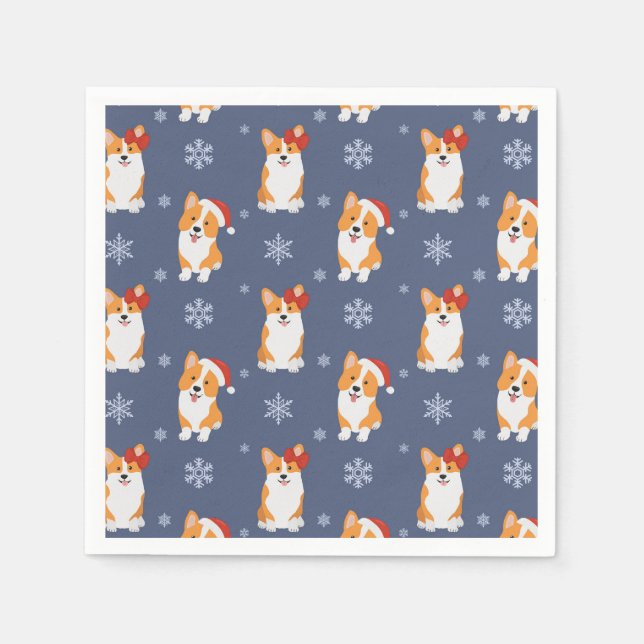 Corgis in Santa Hats and Snowflakes Pattern Napkins (Front)