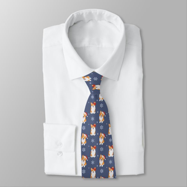 Corgis in Santa Hats and Snowflakes Pattern Neck Tie (Tied)