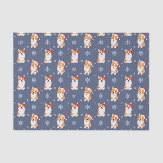 Corgis in Santa Hats and Snowflakes Pattern Tissue Paper (Front)