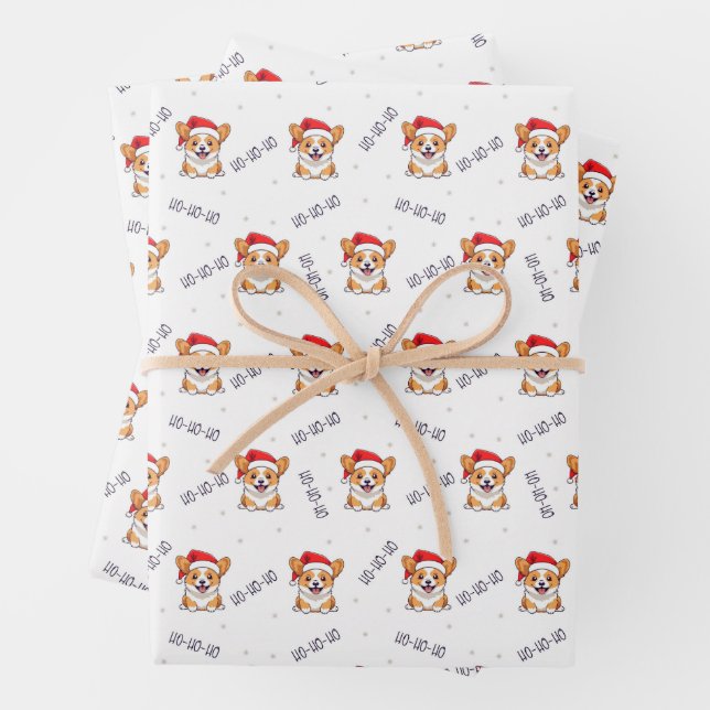 Corgis in Santa Hats Christmas Pattern Wrapping Paper Sheets (In situ)