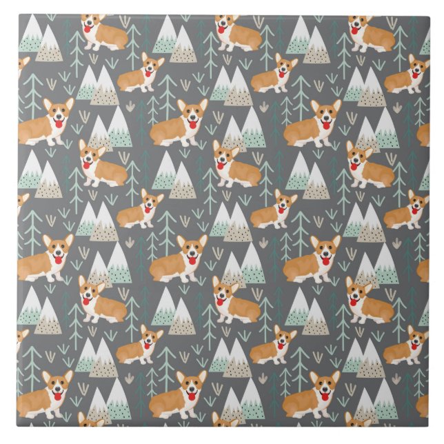 Corgis in the Mountains and Forest Pattern Ceramic Tile (Front)